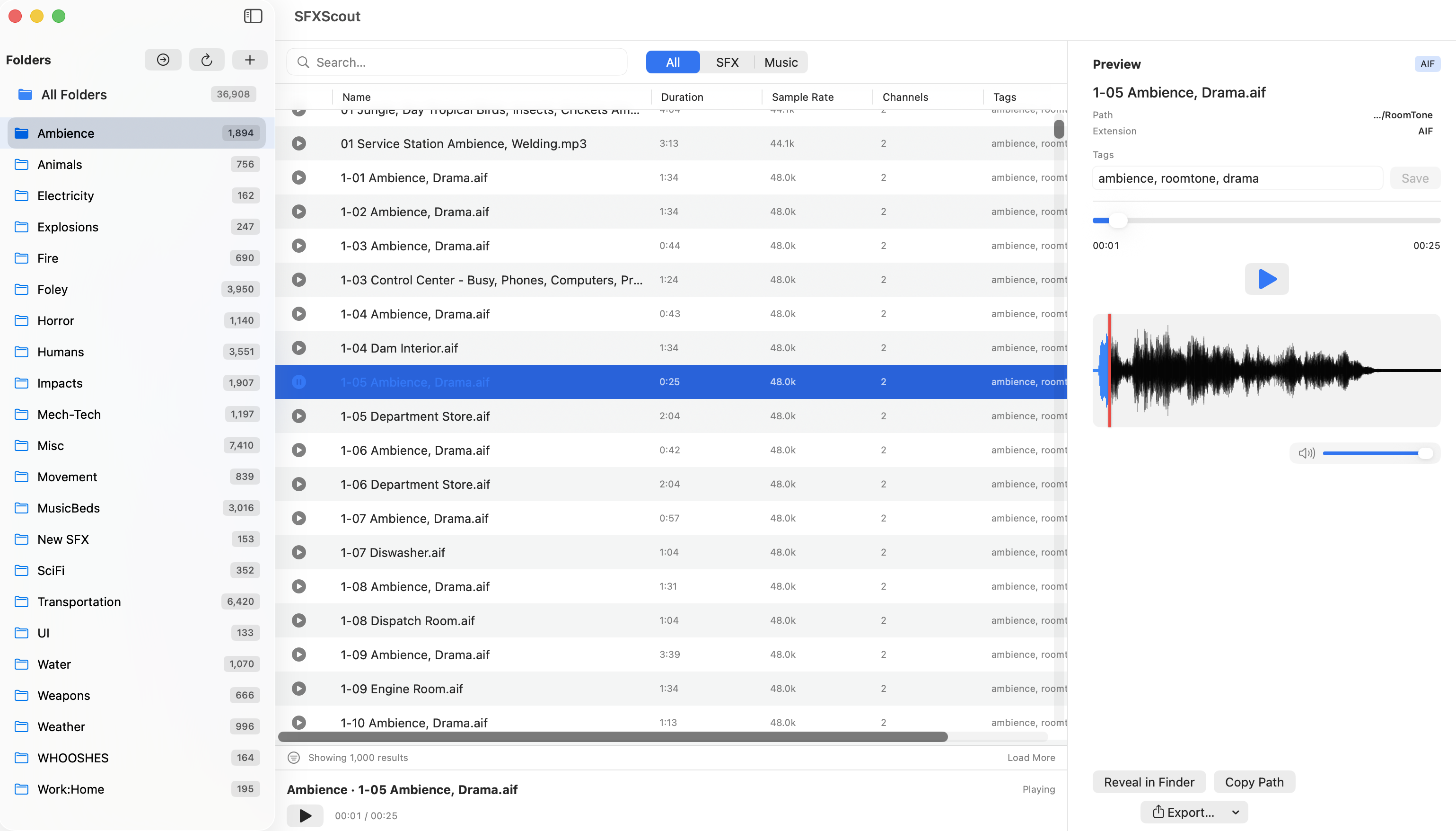 SFXScout — folder browser, file list, and waveform preview